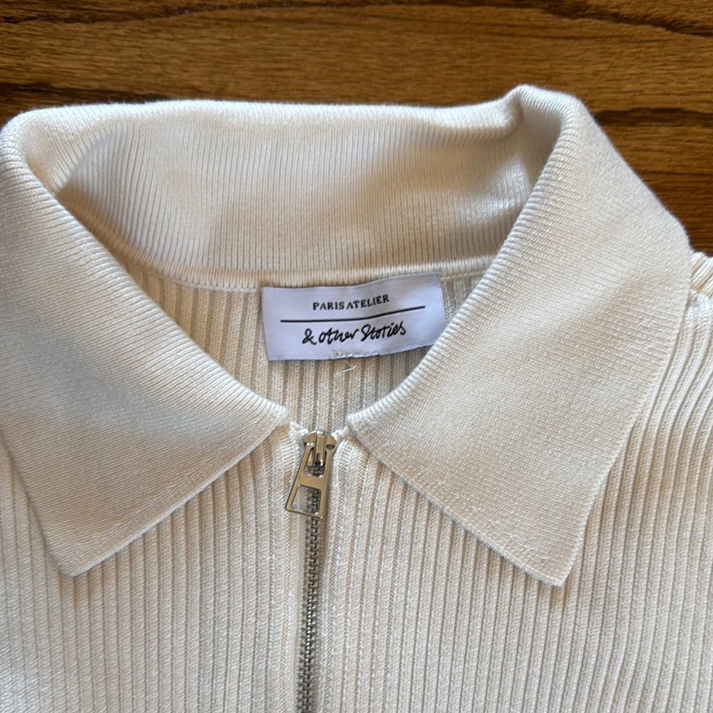 White Ribbed Zip-Up Sweater - Picture 2 of 3